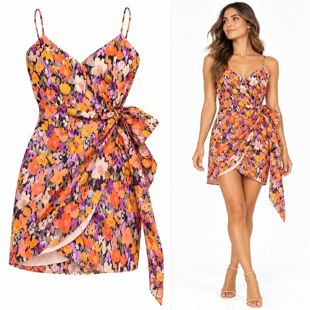 LUSH Pink Blur Floral Wrap Mini Dress S Spaghetti Strap Belted Lined